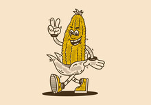 Mascot Character Design Of A Corn Is Walking Happily