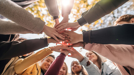 A gathering of young adults clasping their hands in unity - Diverse group of university students joining hands in a stack - The notion of human connection, societal bonds, communal Generative AI