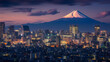 Tokyo skyline at night with view of Mount Fuji in the background