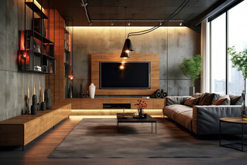 Living room led tv on concrete wall with wooden table media furniture modern loft style