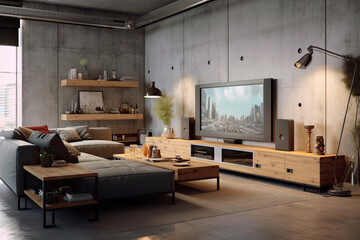 Living room led tv on concrete wall with wooden table media furniture modern loft style