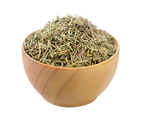 Wall Mural - Dried rosemary leaves in wooden bowl on transparent png