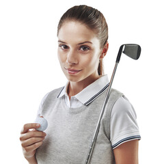 Canvas Print - Portrait, ball and woman with fitness, serious and athlete isolated against a transparent background. Face, female person or player with golfing equipment, training and workout with png and exercise