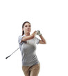 Sport, swing and a woman with golf club for golfing competition, training or game. Professional athlete, female golfer and thinking of stroke, action and focus isolated on transparent, png background