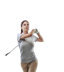 Sticker - Sport, swing and a woman with golf club for golfing competition, training or game. Professional athlete, female golfer and thinking of stroke, action and focus isolated on transparent, png background