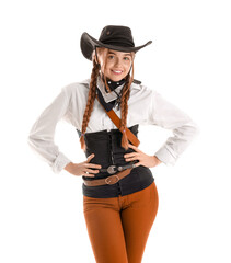 Poster - Young cowgirl on white background