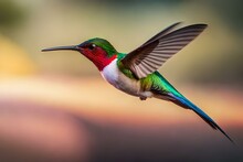 Generate A High-definition AI Image Of A Hummingbird In Mid-air, Showcasing Its Graceful Wing Motion And Precise Moment Of Sipping Nectar From A Delicate, Blooming Blossom In A Sunlit Garden.