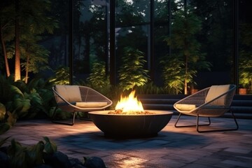 AI Generative, Outdoor backyard fire pit with grey modern furniture outdoor chairs seating on a sunset residential house terrace