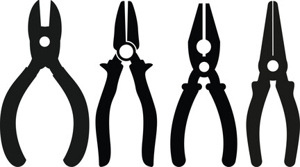 Wall Mural -  Black silhouette of Instrument for difficult work spanner scissors pincers flat vector 