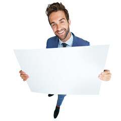 Wall Mural - Portrait, mockup space or happy businessman with billboard for advertising for logo, news or announcement. Smile, banner or entrepreneur with a marketing sign isolated on transparent png background