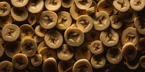 Wall Mural - Overhead view of ripe yellow banana slices on black background surface. Fruit wallpaper, fresh healthy yellow fruits concept banner. Generative AI professional photo imitation.