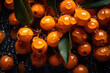 Top view close-up of fresh orange buckthorn with leaves in drops of juice on black background. Sea Berry wallpaper, fresh buckthorns banner. Generative AI professional photo imitation.