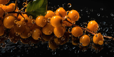 Wall Mural - Top view closeup of fresh orange buckthorn with leaves in water on black background. Sea Berry wallpaper, fresh buckthorns banner. Generative AI professional photo imitation.