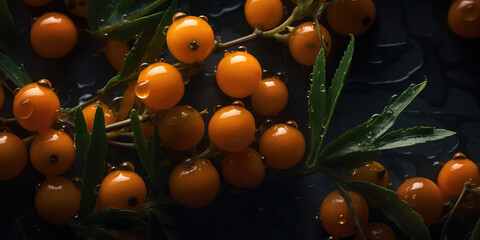 Wall Mural - Top view close up of fresh orange buckthorn with leaves in drops of water on black background. Sea Berry wallpaper, fresh buckthorns banner. Generative AI professional photo imitation.