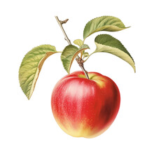 Botanical Illustration, Branch With Red Apple In Retro Illustration Style, PNG. Generative AI