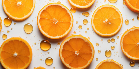 Wall Mural - Top view ripe orange slices in juice drops on white background table. Fruit wallpaper, fresh healthy citrus fruits concept banner. Generative AI professional photo imitation.