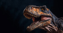 Trex, Tyrannosaurus Rex.Head Close Of Green Dinosaur Tyrannosaurus Rex With Open Mouth In Attack Position Dark Background