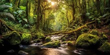 AI Generated. AI Generative. Nature Outdoor Wild Landscape Forest Jungle River Scene. Adventure Travel Explore Vibe. Graphic Art