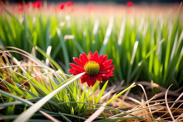 Wall Mural - Red flower in the meadow with green grass and blurred background.