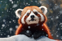 Cute Red Panda With Snow Falling In Winter. Ai Generative.