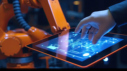 Wall Mural - Industry 4.0 concept .Man hand holding tablet with Augmented reality screen software and blue tone of automate wireless Robot arm in smart factory background