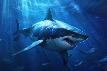 Wall Mural - In the deep blue, an apex predator silently glides, embodying both power and grace - - the majestic shark, ruler of the ocean depths illustration generative ai