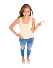 Canvas Print - Top view, portrait and woman with a smile, pointing and model isolated against a transparent background. Happy, female person and girl with marketing, decision and opportunity with png and choice