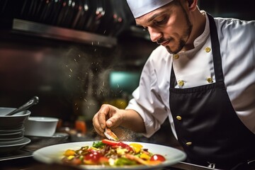 A close - up shot of a chef in a professional kitchen, skillfully preparing a dish. Generative AI