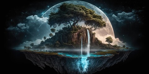 Wall Mural - fantasy fairytale sphere island floating in universe of night sky. superlative generative ai image.