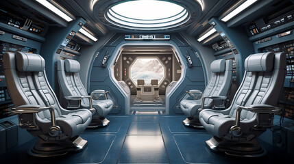 futuristic interior of spaceship in space empty deck with big comfortable chairs and modern equipmen