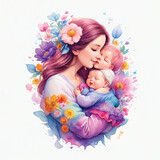 Fototapeta Kosmos - Watercolor Art Design Showing Mother's Happiness with Baby for Photo Stock of Pure Joy