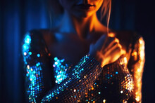 Woman In Shiny Sequined Dress At Party With Neon Lights. Generative AI