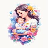 Fototapeta Kosmos - Watercolor Illustration of Mother with Baby in a Blissful State of Blissful Parenthood