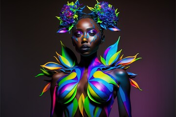 Haute couture or high fashion design in vivid colorful makeup on woman model on isolated background. Contemporary abstract art design of beautiful dress in flower style. Superb Generative AI.