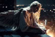Sexy Angel Woman With Wings On Roof Of Skyscraper In City At Night. Generative AI Illustration