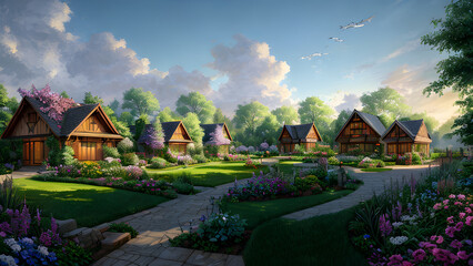 Idyllic green village environment. Digital art. Fantasy art. Digital manipulation. 3D Environment. 3D Illustration