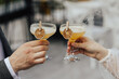 Cropped shot of hands of man and woman clinking glasses of alcoholic cocktails in bar.