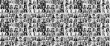 Large Black And White Collage, Portrait Of Multiracial Smiling Different Business People. A Lot Of Happy Modern People Faces In Mosaic Collection. Successful Business, Team, Career, Diversity Concept