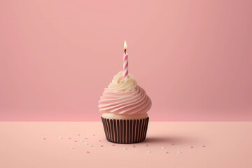 Wall Mural - Birthday cupcake with a candle on a light pink background, generative AI