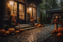 The House Entrance Is Traditionally Decorated With Cut Out Jack-o'-lanterns And Lights For Halloween Celebrations, Generative AI.