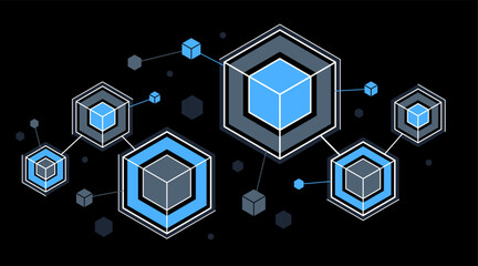 Abstract vector technology theme background with connected cubes over dark, geometric design linear connection, software network system.