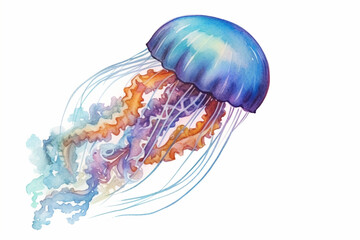 Wall Mural - Watercolor painting of jellyfish isolated on a white background created with Generative AI