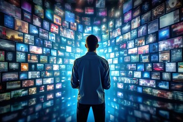 a man standing in front of an array of television scene. generative ai