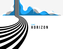 Future Lines In 3D Perspective Vector Abstract Background, Black And Blue Linear Composition, Road To Horizon And Sky Concept, Optical Illusion Op Art.