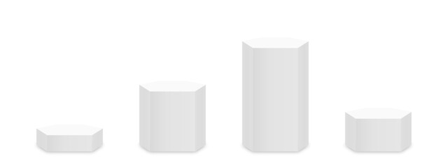 Poster - Pedestal and podium mockup in hexagon pillar shapes. Empty museum stage or pedestal mockup isolated on white background. Stand for award ceremony, product presentation and museum exhibition. Vector