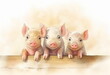 3 piglets with trotters on a log, watercolor painting made with generative ai