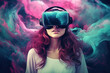 © hakule - Portrait of a young girl wearing virtual reality goggles on dreamy colorful smoke background. Future technology concept. created with generative AI technology.
