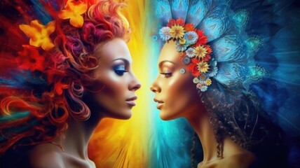 Wall Mural - Creative fantasy portrait of masculine and feminine energy in cosmic with vibrant colors. Generative AI AIG27.