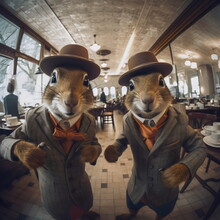 Two Stylish Squirrels Wearing Suits And Hat With Fisheye Lens At Cafe, Made With Generative Ai