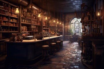  This is interior of modern european pub. Generative AI